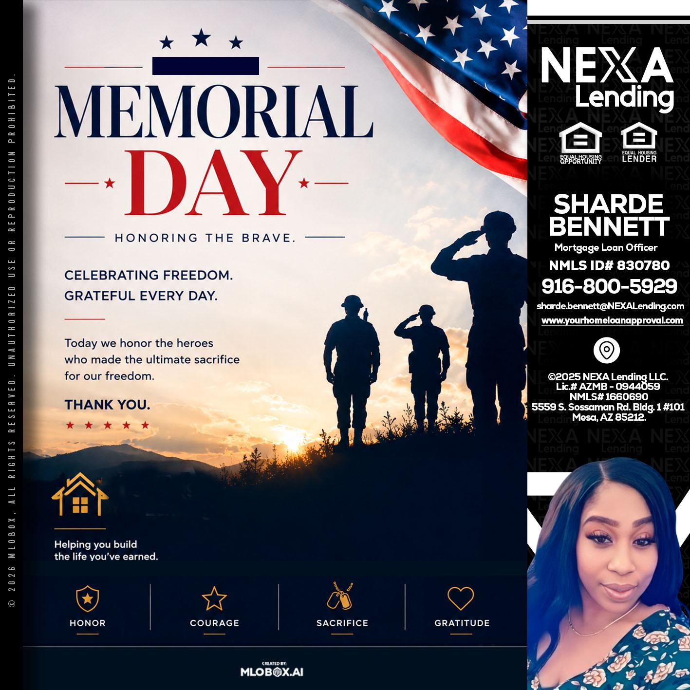 MEMORIAL DAY - Sharde Bennett -Mortgage Loan Officer