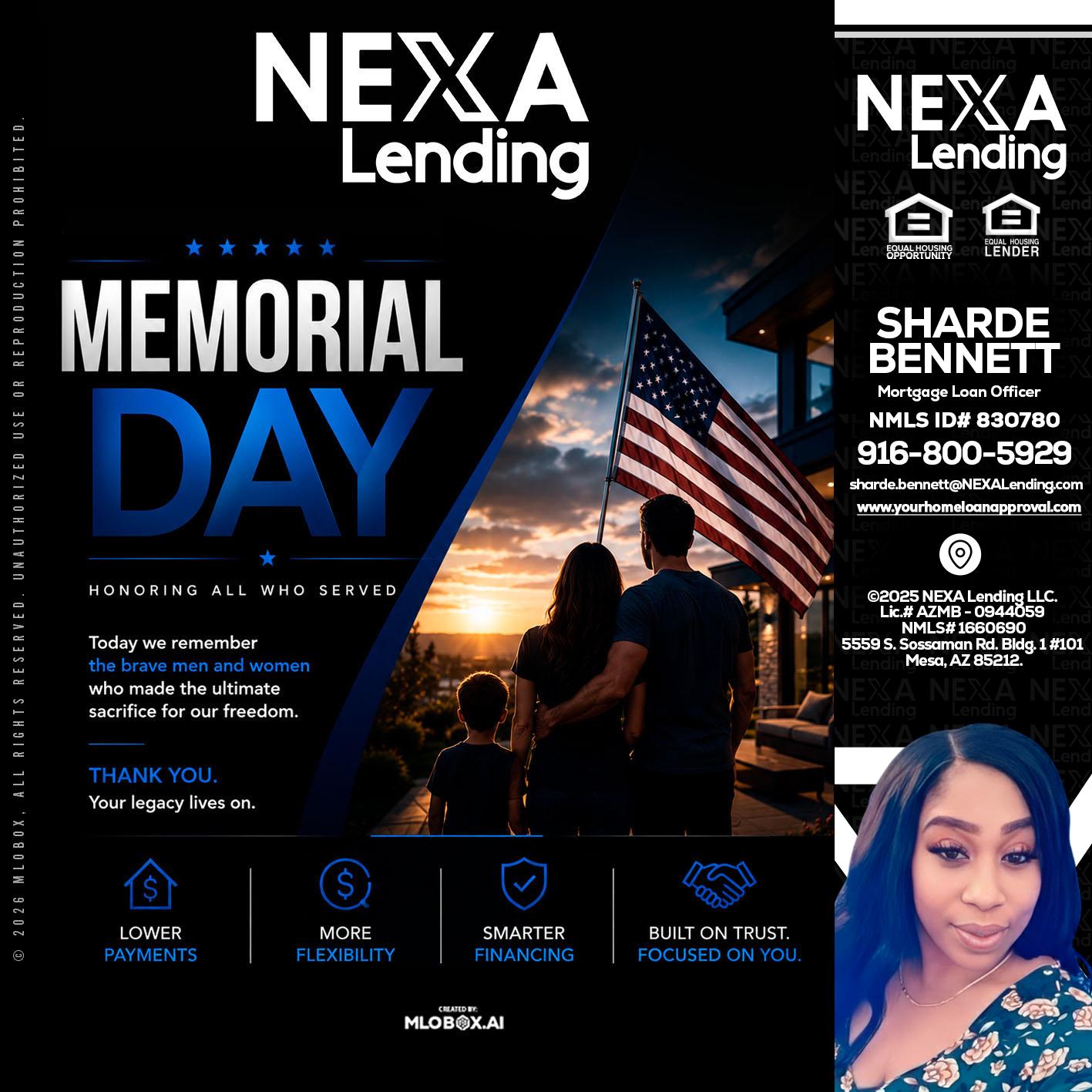 MEMORIAL DAY - Sharde Bennett -Mortgage Loan Officer